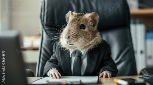 Mouse or rat wearing suit jacket-clad animal in a meeting. Minimalist style