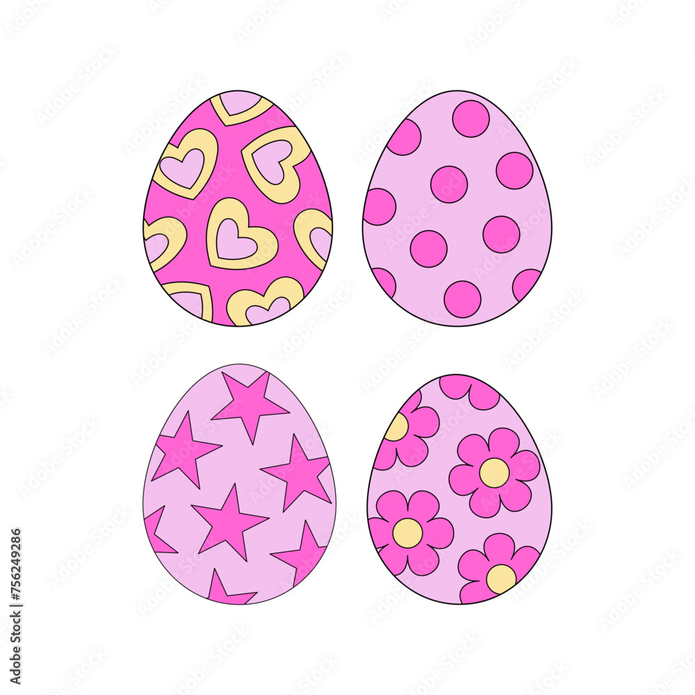 Groovy pink Easter eggs ornated with hearts dots stars flowers vector illustration set isolated on white. Hand drawn linear happy Easter holiday print poster postcard themed graphics. Groovy pink Easter eggs ornated with hearts dots stars flowers vector illustration set isolated on white. Hand drawn linear happy Easter holiday print poster postcard themed graphics.
