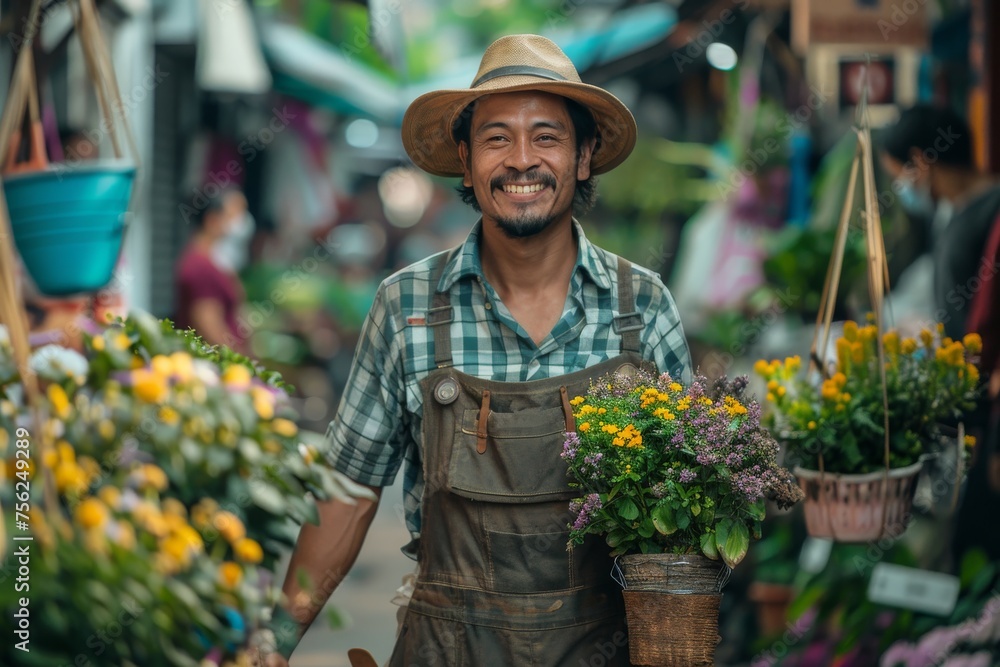 Man in Hat and Overalls Carrying Flowers