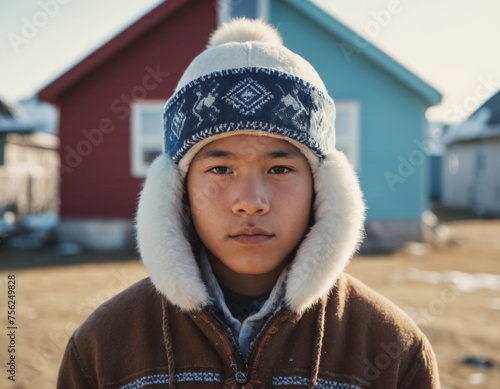 Eskimo or inuit teenager boy wearing in national clothes. Winter day