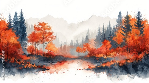 Serene Vintage Watercolor Forest in Fall Colors Generative AI