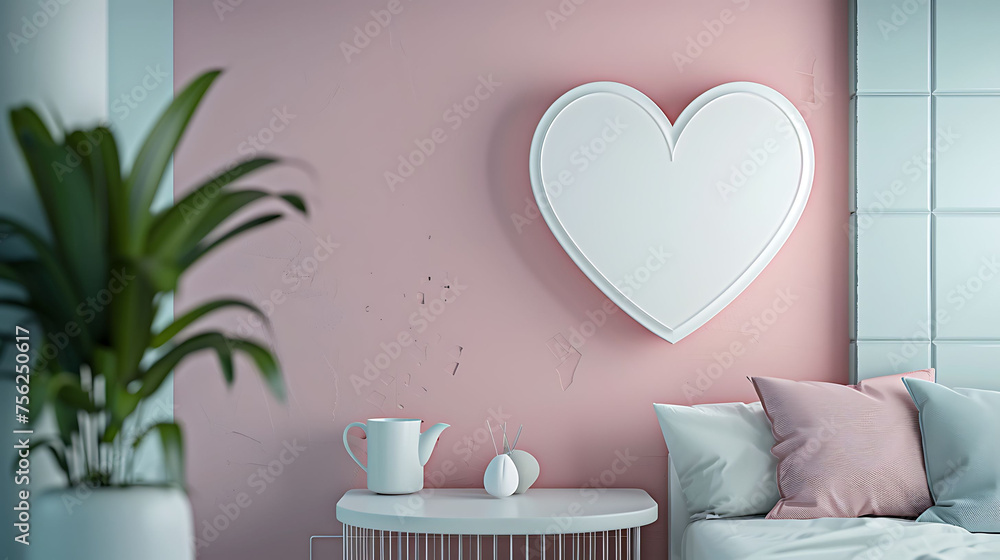 Fototapeta premium Heart shape mockup photo frame glass border, on bedside table in modern living room, 3d render