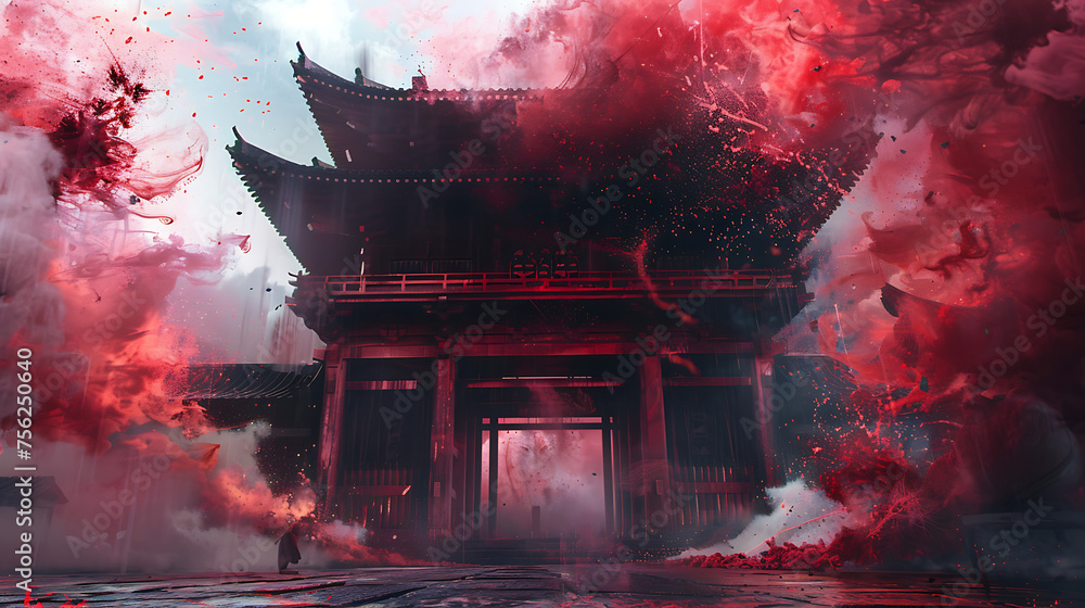 Naklejka premium japan art, China art, original, Lofi style, anime style, Tri-Style, old temple 