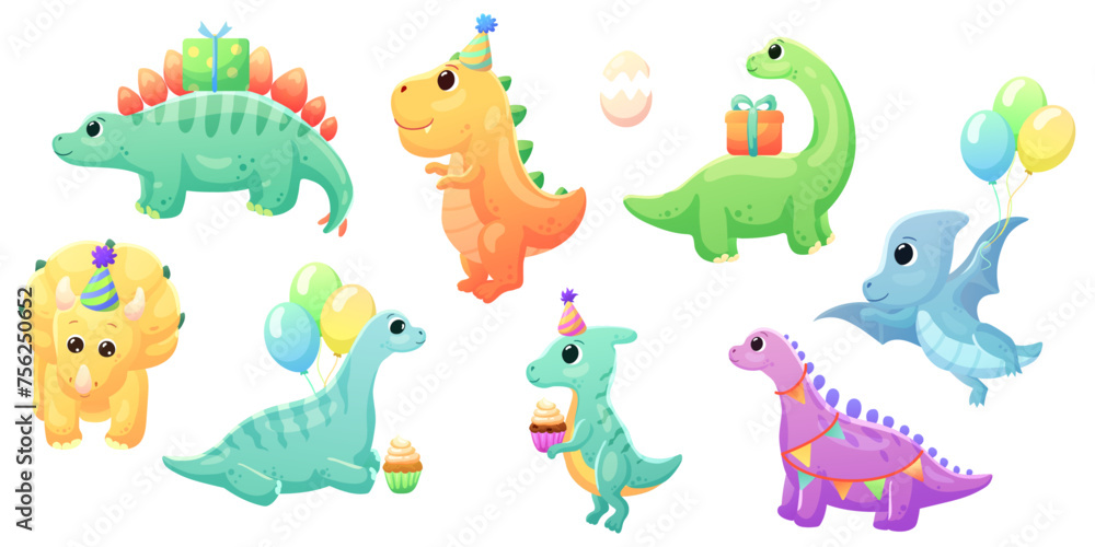 Fototapeta premium Illustrations of cute dinosaurs for children in different colors: Triceratops, Stegosaurus, Brontosaurus, Pterosaurus, Tyrannosaurus, Brachiosaurus.Happy Birthday Inscriptions.