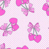 Pink Doll Coquette Cute Preppy Cherries with Bow on checkerboard vector seamless pattern. Hand drawn linear love romantic girlish background. 
