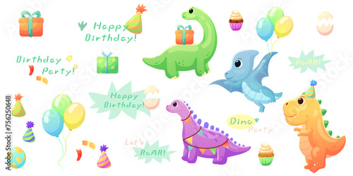  Illustrations of cute dinosaurs for children in different colors: Triceratops, Stegosaurus, Brontosaurus, Pterosaurus, Tyrannosaurus, Brachiosaurus.Happy Birthday Inscriptions.