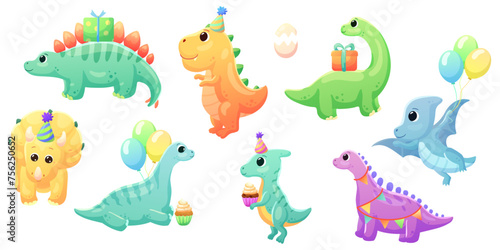  Illustrations of cute dinosaurs for children in different colors: Triceratops, Stegosaurus, Brontosaurus, Pterosaurus, Tyrannosaurus, Brachiosaurus.Happy Birthday Inscriptions. © maslik_design