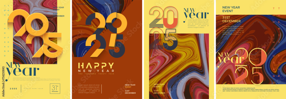 Happy new year 2025 colorful poster. Vector design with colorful paint ink illustration on yellow background. Premium design vector happy new year 2025.