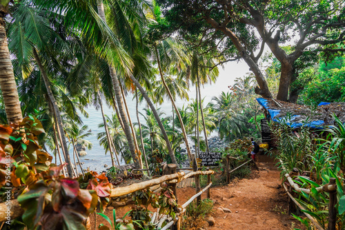 Footpath in cabo-de-rama fort to reach pebble beach in Goa, India. Dense tropical forest with palm trees and other trees. Beautiful sunset landscape and ocean can be seen in the backdrop of forest.