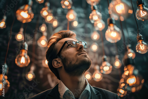 Portrait of a man in glasses standing with his head up. Behind him blurred lighting bulbs. A slide background for showcasing the brainstorming process. Created with Generative AI technology.