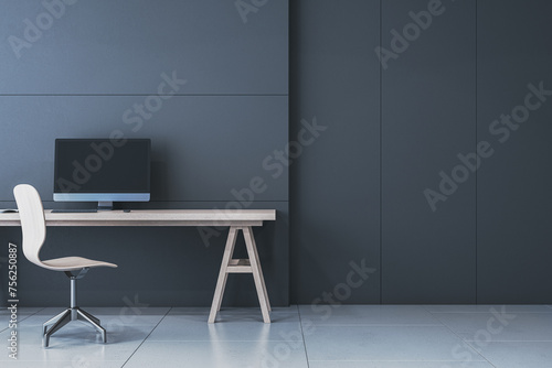 Modern minimalistic black interior with workplace and computer monitor, mock up place on wall. 3D Rendering. © Who is Danny
