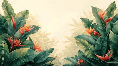 Tropical Leaves and Bird of Paradise Digital Illustration Generative AI