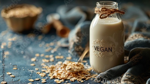 Oat flakes and glass bottle of oat milk with the inscription "VEGAN". Concept of dairy alternative