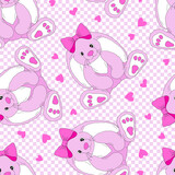 Hand drawn cute pink bunny girl soft toy with bow on chekerboard vector seamless pattern. Linear happy Easter holiday romantic background. 