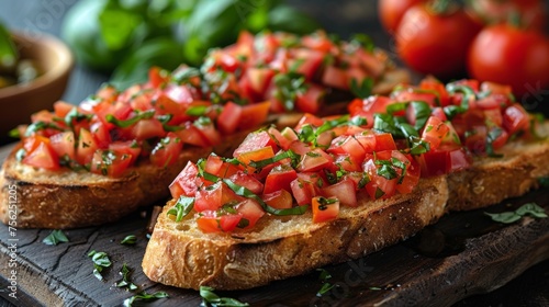 Bruschetta sandwich on an oven-dried baguette spread