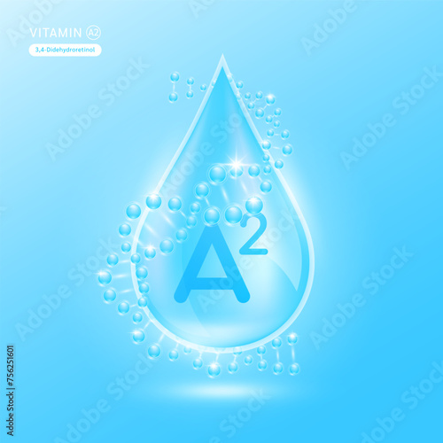 Blue vitamin A2 surrounded by DNA. Water drop serum collagen solution moisturizer hyaluronic acid vitamins complex from nature essential skin care. For ads cosmetics cream lotion. Vector EPS10.