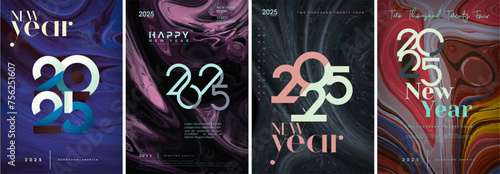 Happy new year 2025 with colorful downtown america illustration as a background. Vector magazine cover with unique numbers. Premium design vector happy new year 2025.