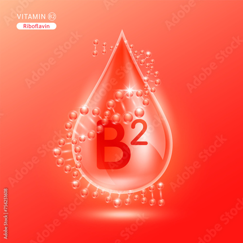 Red vitamin B2 surrounded by DNA. Water drop serum collagen solution moisturizer hyaluronic acid vitamins complex from nature essential skin care. For ads cosmetics cream lotion. Vector EPS10.