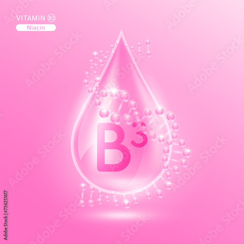 Pink vitamin B3 surrounded by DNA. Water drop serum collagen solution moisturizer hyaluronic acid vitamins complex from nature essential skin care. For ads cosmetics cream lotion. Vector EPS10.