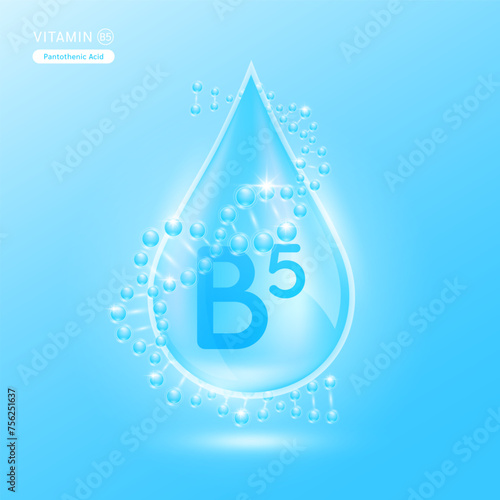 Blue vitamin B5 surrounded by DNA. Water drop serum collagen solution moisturizer hyaluronic acid vitamins complex from nature essential skin care. For ads cosmetics cream lotion. Vector EPS10.