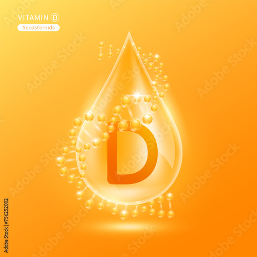 Orange vitamin D surrounded by DNA. Water drop serum collagen solution moisturizer hyaluronic acid vitamins complex from nature essential skin care. For ads cosmetics cream lotion. Vector EPS10.