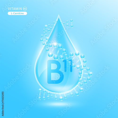 Blue vitamin B11 surrounded by DNA. Water drop serum collagen solution moisturizer hyaluronic acid vitamins complex from nature essential skin care. For ads cosmetics cream lotion. Vector EPS10.