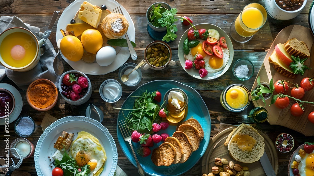 Rustic breakfast spread on wooden table. fresh, colorful variety. ideal for food blogs and menus. AI Rustic breakfast spread on wooden table. fresh, colorful variety. ideal for food blogs and menus. AI