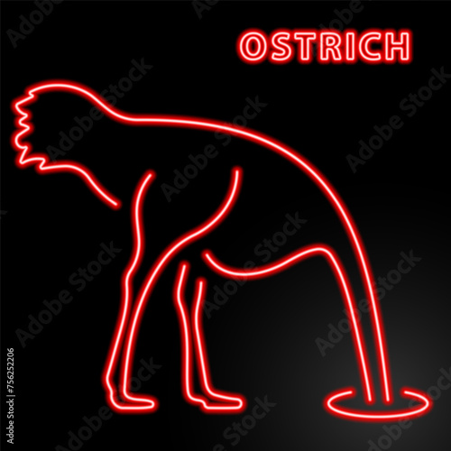 ostrich neon sign, modern glowing banner design, colorful modern design trend on black background. Vector illustration.