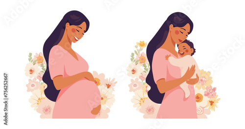 Pregnant woman in flowers and mommy with baby set of illustrations for mother s day, flat vector cartoon card, concept of motherhood, pregnancy, family.