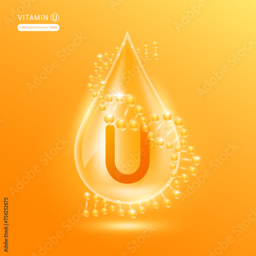 Orange vitamin U surrounded by DNA. Water drop serum collagen solution moisturizer hyaluronic acid vitamins complex from nature essential skin care. For ads cosmetics cream lotion. Vector EPS10.