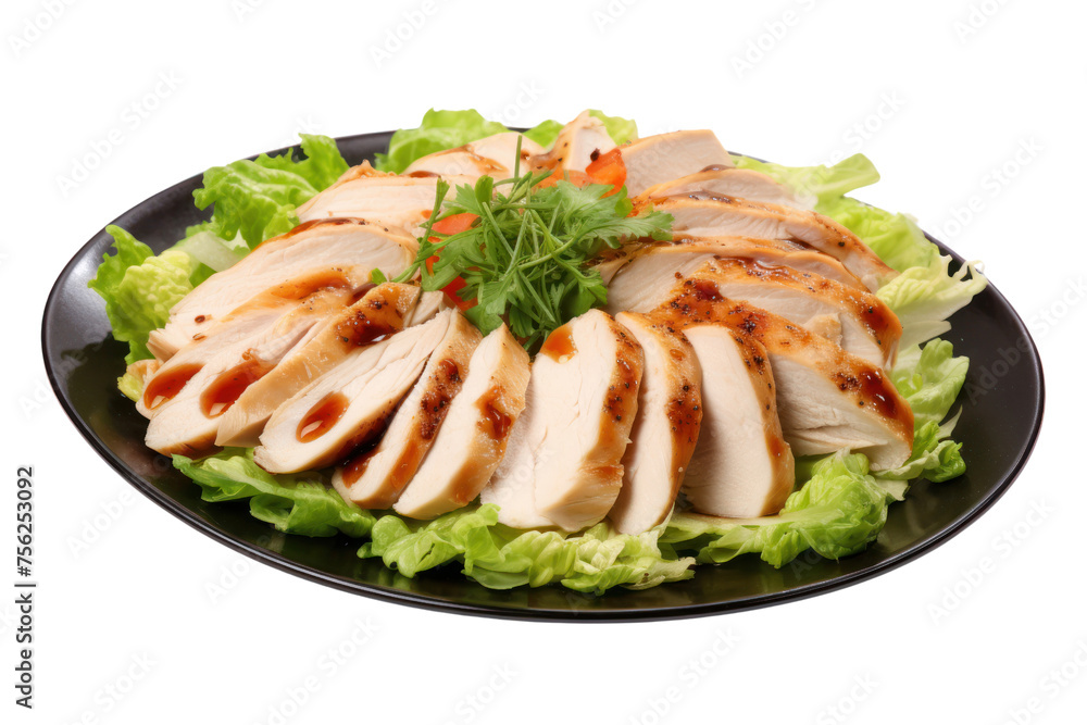 Boiled chicken breast, cut into pieces and arrange on salad. Topped with balsamic salad dressing. Sweet and sour taste Isolated on transparent background. Boiled chicken breast, cut into pieces and arrange on salad. Topped with balsamic salad dressing. Sweet and sour taste Isolated on transparent background.