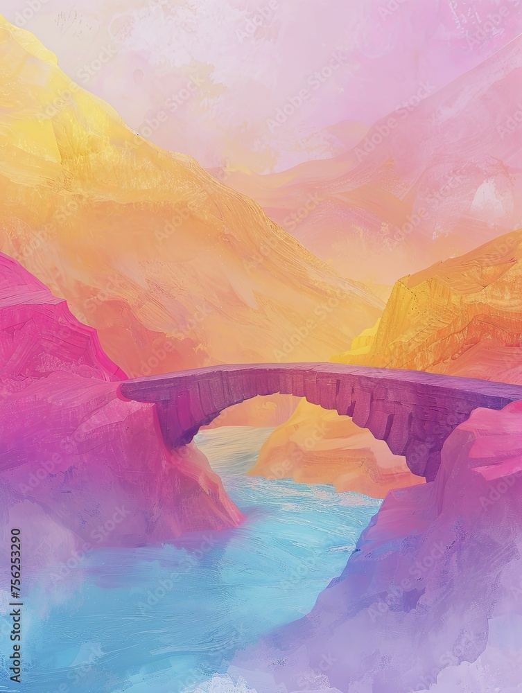 A rainbow bridge connects hearts and minds over a pastel river, fostering understanding and support in a serene landscape.