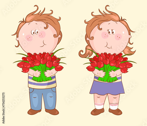 Cute cartoon characters boy and girl with flowers