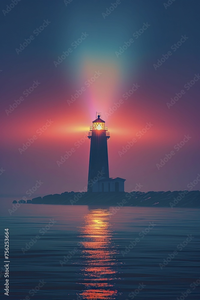 lighthouse illuminating the night with a beam of rainbow light, guiding with hope and inclusion, against a tranquil pastel sea.