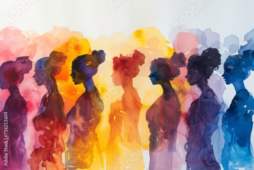 female watercolor painting silhouettes. equality concept image. 