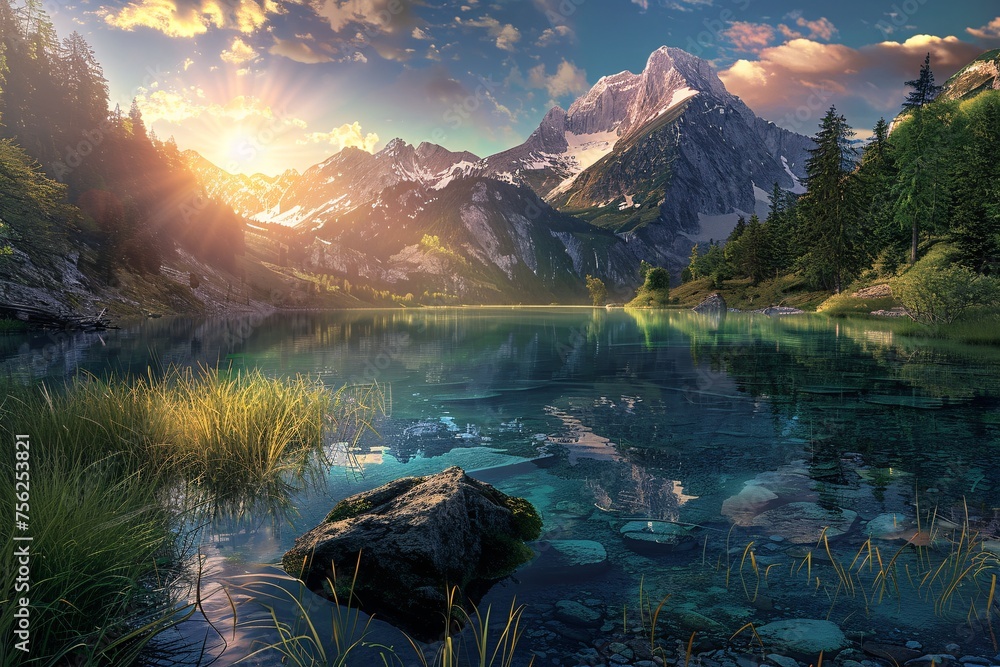 Sunrise Serenity A Mountainous Oasis Generative AI