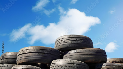 Stacked used tires under the blue sky as background in tire recycling plant