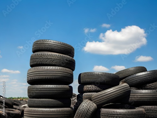 Stacked used tires under the blue sky as background in tire recycling plant