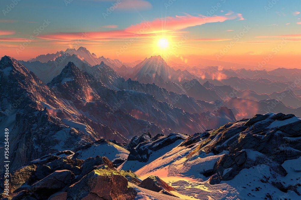 Sunrise on the Mountains A Stunning View of the Sun Setting Over the Snow-Capped Peaks Generative AI