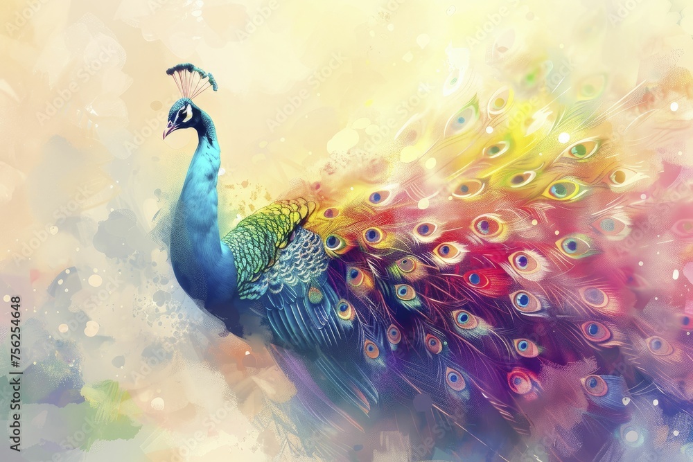 A vibrant illustration of a rainbow-colored peacock displaying its feathers, symbolizing pride and diversity, against a soft, light pastel background. A vibrant illustration of a rainbow-colored peacock displaying its feathers, symbolizing pride and diversity, against a soft, light pastel background.