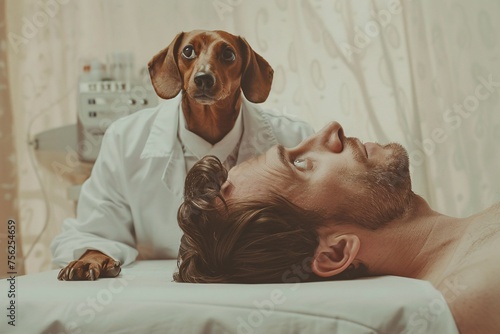 Doggy Doctor - A playful and creative title that highlights the unique interaction between the dog and the man, while also incorporating a reference to the current trend of doggy. Generative AI photo