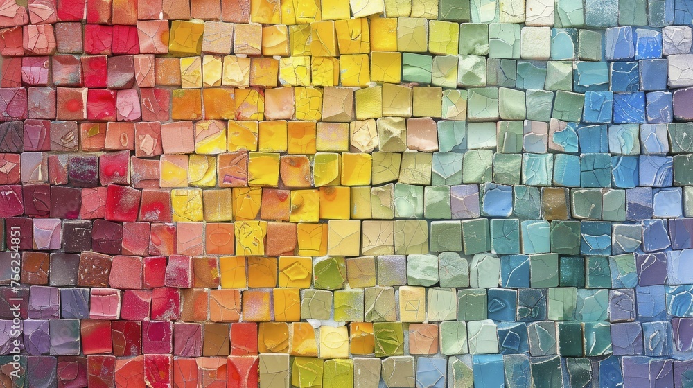 A vibrant portrayal of a mosaic, each tile a different shade of the pride spectrum, crafting a picture of unity, set against a harmonious pastel wall.