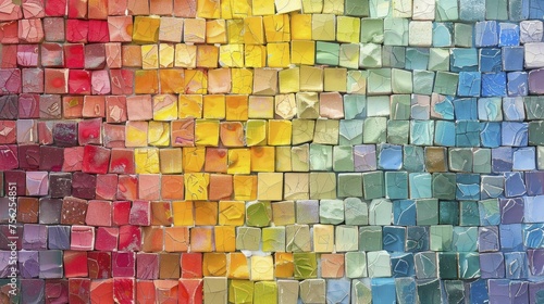 A vibrant portrayal of a mosaic  each tile a different shade of the pride spectrum  crafting a picture of unity  set against a harmonious pastel wall.