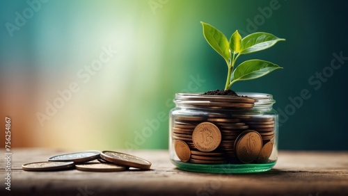 Financial Growth Coin-Stacked Jar with Sprouting Plant