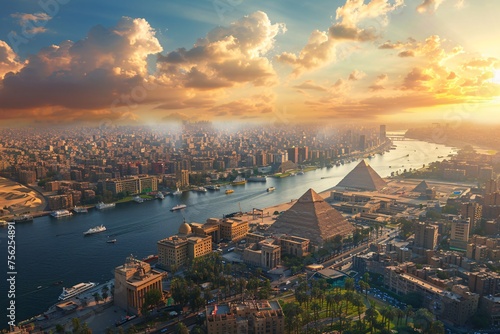 Sunset over the Nile A Glimpse of Egypt's Ancient Wonders Generative AI photo