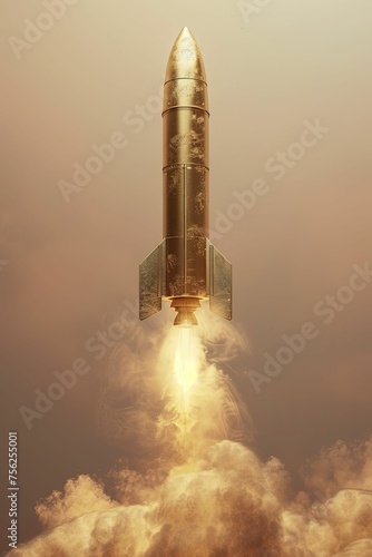 A visualization of a golden rocket on its path to the heavens, the pastel background symbolizing the purity of its quest.