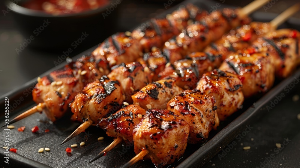 Chicken skewers yakitori on a black rectangular plate Chicken skewers yakitori on a black rectangular plate