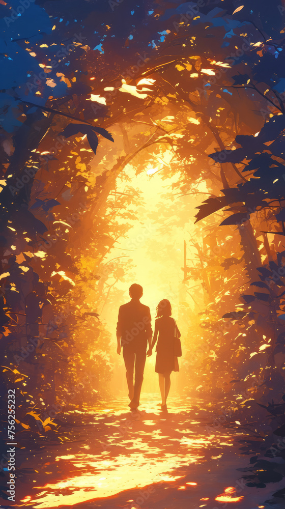 Two silhouettes walking in a forest illuminated by lights