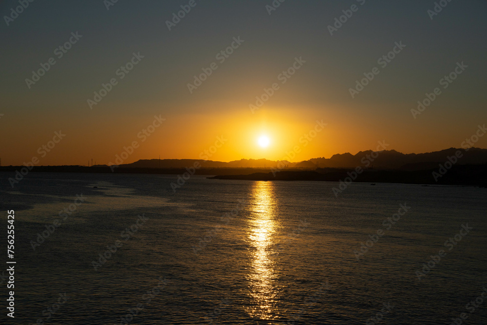 Sunset over the mountains, on the Sinai Peninsula, Egypt, Sharm El Sheikh, Red Sea.