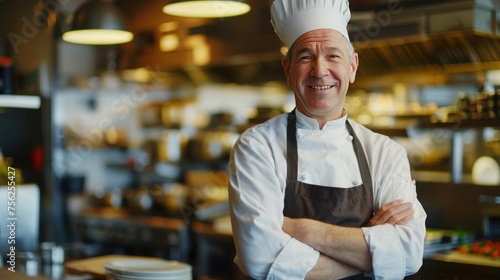 Portrait of smiling middle aged chef wearing white hat and apron with crossed arms in restaurant kitchen